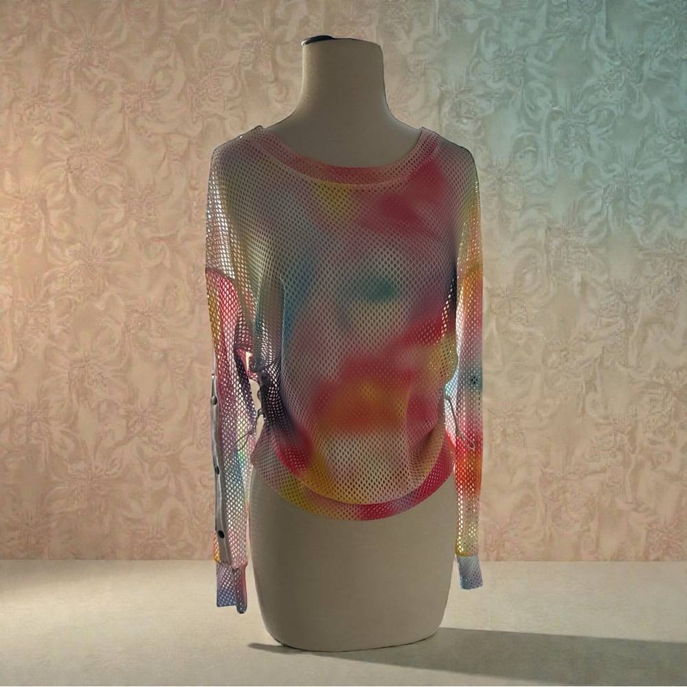 Lucky In Love Techno Ombre Mesh Sweatshirt Small Rainbow Cinch Sides Long Sleeve